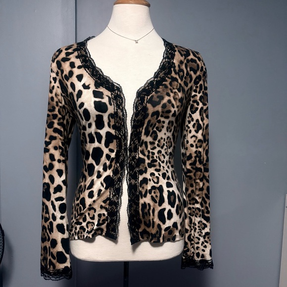 Tops - Y2K mob wife animal print lace cardigan